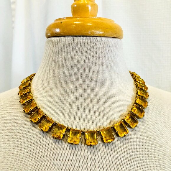 J. Crew Yellow Rhinestone Necklace with Tie On Black Grosgrain Ribbon - Picture 1 of 7